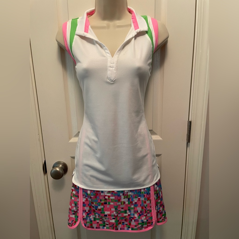 White, Green and Pink Fitted Polo Tank Top with Matching Skorts